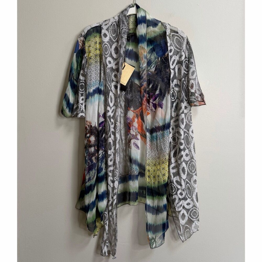 Alberto Makali Multicolor Mixed Media Short Sleeve Open Front Cardigan Small